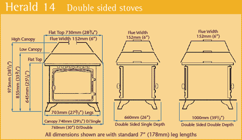 hunter herald 14 double sided stove dimensions