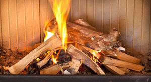 Lighting a fire in a woodburning stove picture/stage 1: the kindling has caught alight